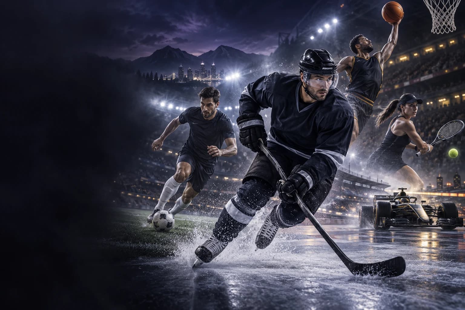Illustration originale réunissant hockey, soccer, basketball, tennis et course automobile